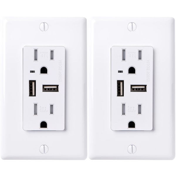 Faith Combination 4.6A USB Outlet and 15A TR Receptacle, White, PK 2 USB46-WH-02 - main